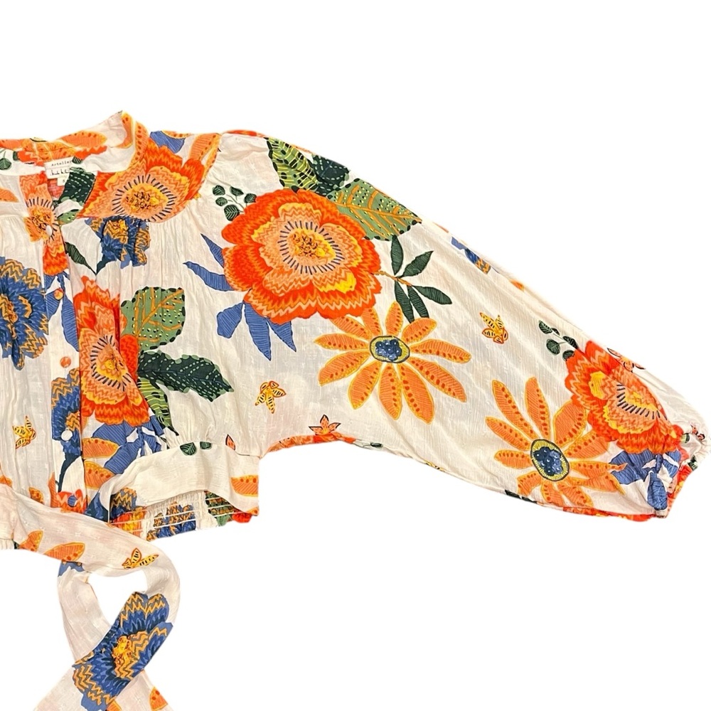 Nicole Miller Floral Boho Top Cream Orange Puff Sleeve Cottagecore Tropical - Picture 10 of 17